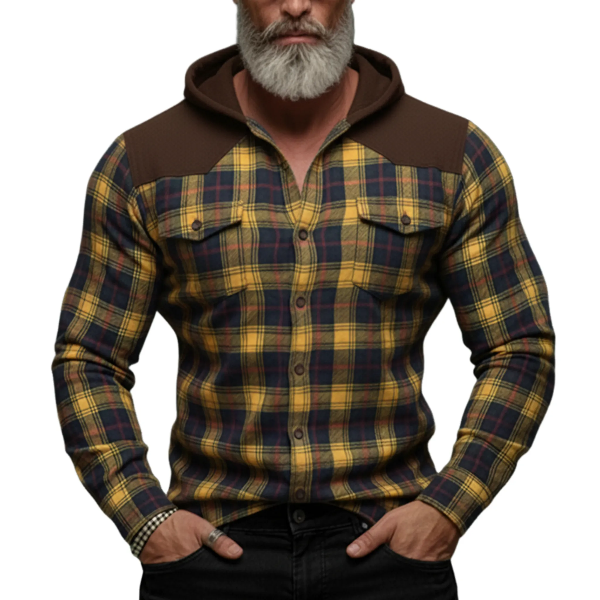 Men's Casual Rugged Style Patchwork Faux Suede Hooded Plaid Brushed Long-Sleeve Shirt MTA1313K7K sold by Manly product image thumbnail 2