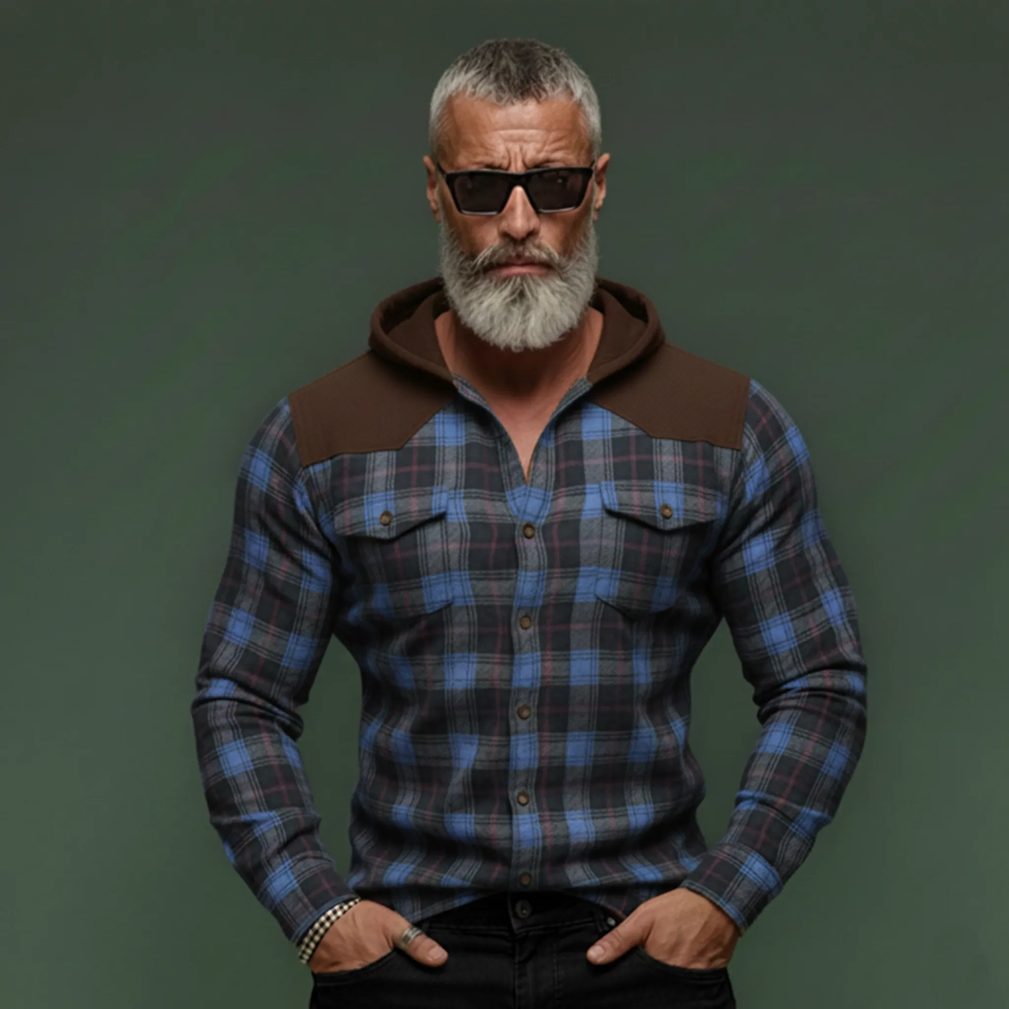 Men's Casual Rugged Style Patchwork Faux Suede Hooded Plaid Brushed Long-Sleeve Shirt MTA1313K7K sold by Manly product image thumbnail 4