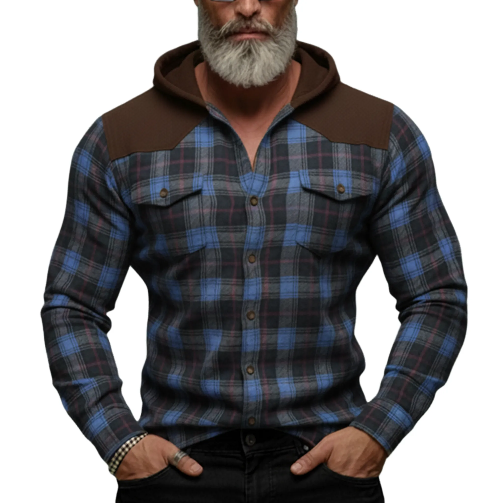Men's Casual Rugged Style Patchwork Faux Suede Hooded Plaid Brushed Long-Sleeve Shirt MTA1313K7K sold by Manly
