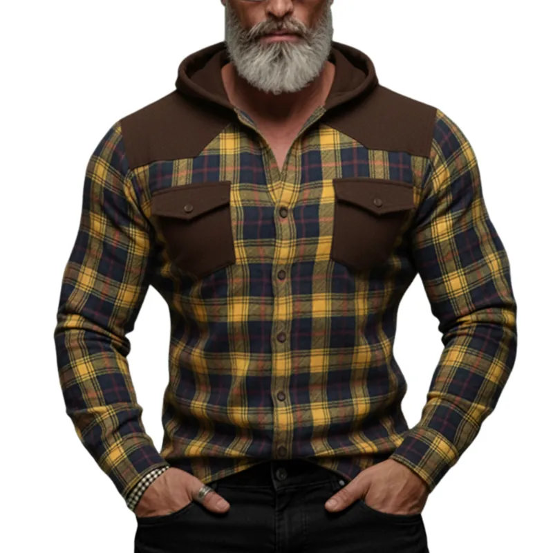 Men's Classic Casual Rugged Style Patchwork Faux Suede Hooded Plaid Brushed Long-sleeved Shirt MTA1365K0K sold by Manly