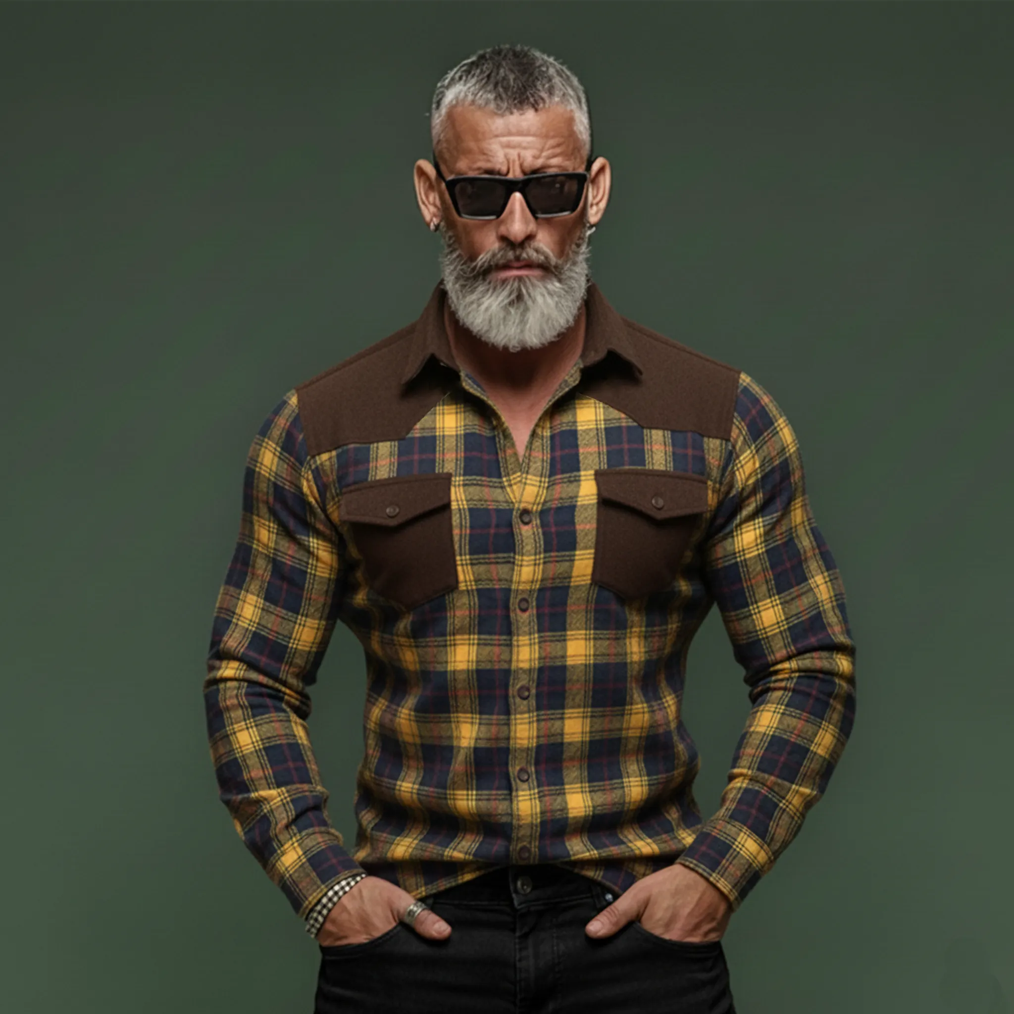 Men's Classic Casual Rugged Style Patchwork Faux Suede Slim-fit Plaid Brushed Long-sleeved Shirt MTA1370K5K sold by Manly product image thumbnail 3