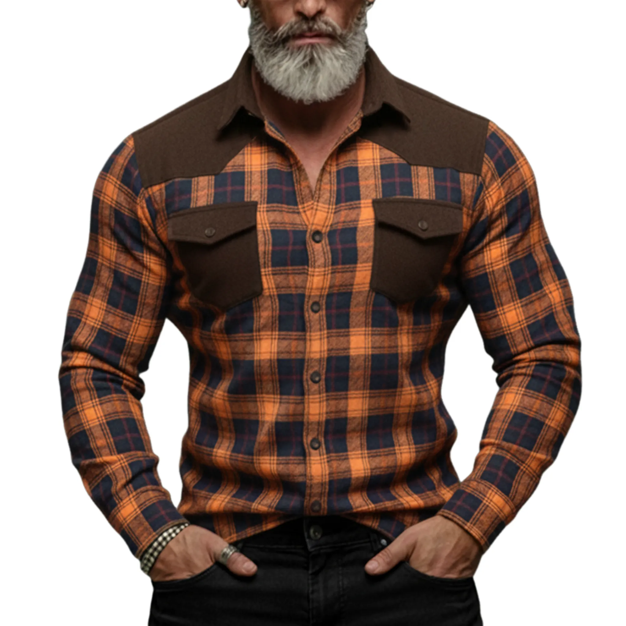 Men's Classic Casual Rugged Style Patchwork Faux Suede Slim-fit Plaid Brushed Long-sleeved Shirt MTA1370K5K sold by Manly
