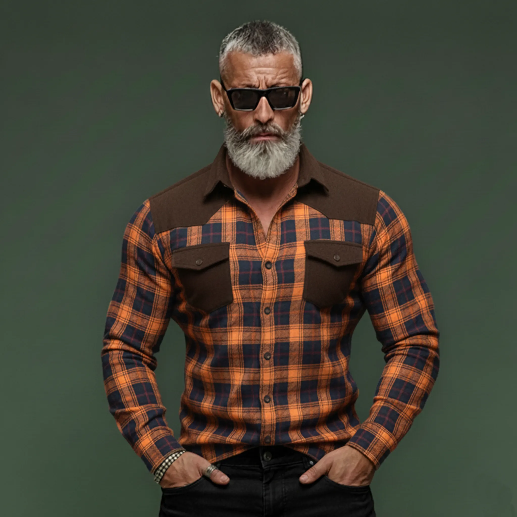 Men's Classic Casual Rugged Style Patchwork Faux Suede Slim-fit Plaid Brushed Long-sleeved Shirt MTA1370K5K sold by Manly product image thumbnail 4