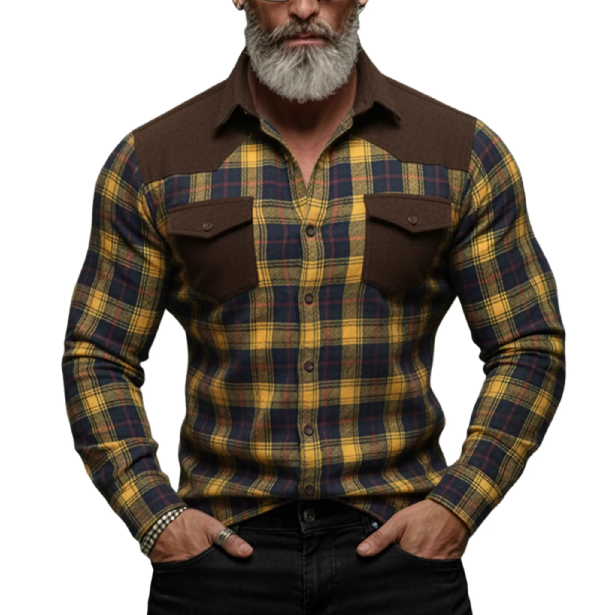 Men's Classic Casual Rugged Style Patchwork Faux Suede Slim-fit Plaid Brushed Long-sleeved Shirt MTA1370K5K sold by Manly product image thumbnail 2