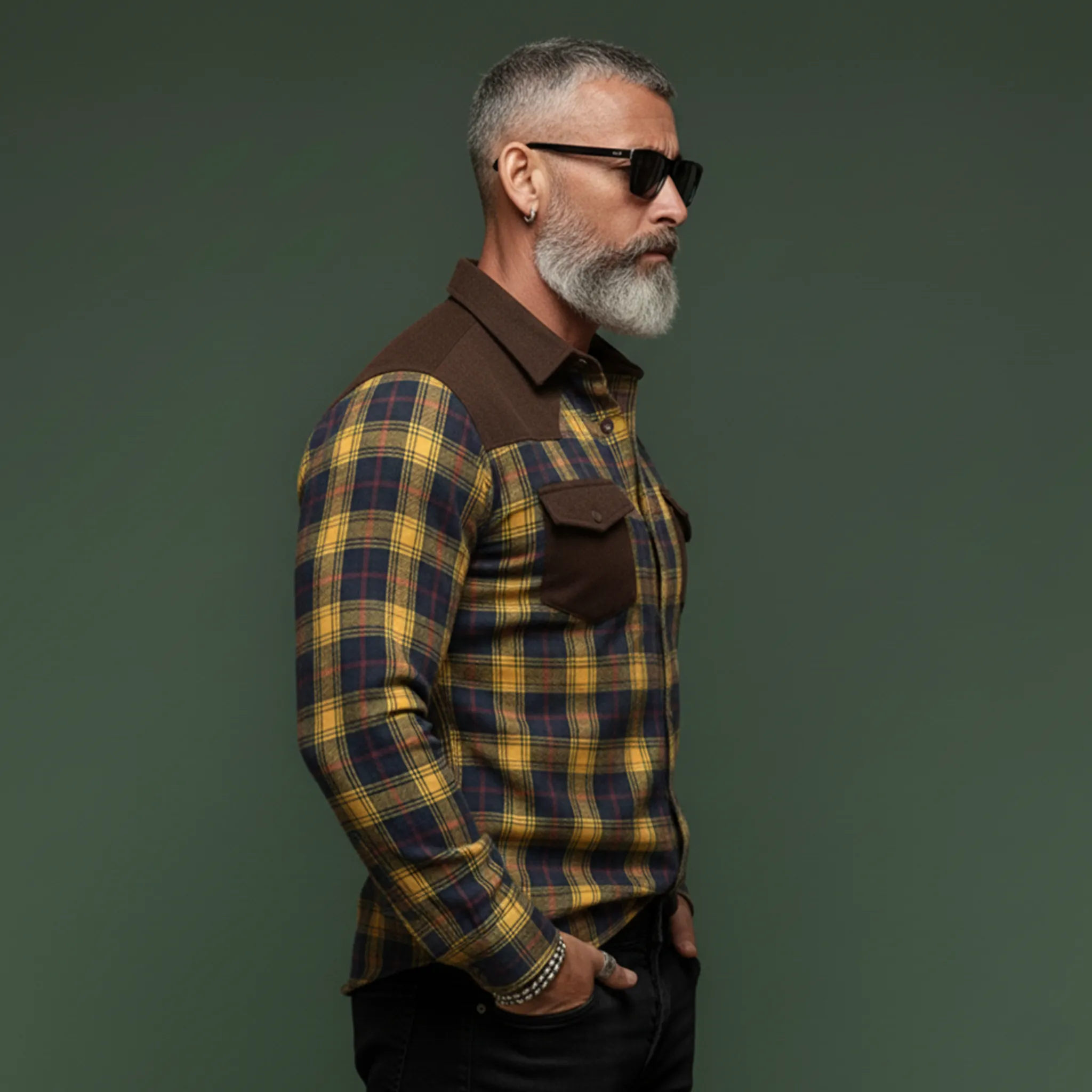 Men's Classic Casual Rugged Style Patchwork Faux Suede Slim-fit Plaid Brushed Long-sleeved Shirt MTA1370K5K sold by Manly product image thumbnail 5