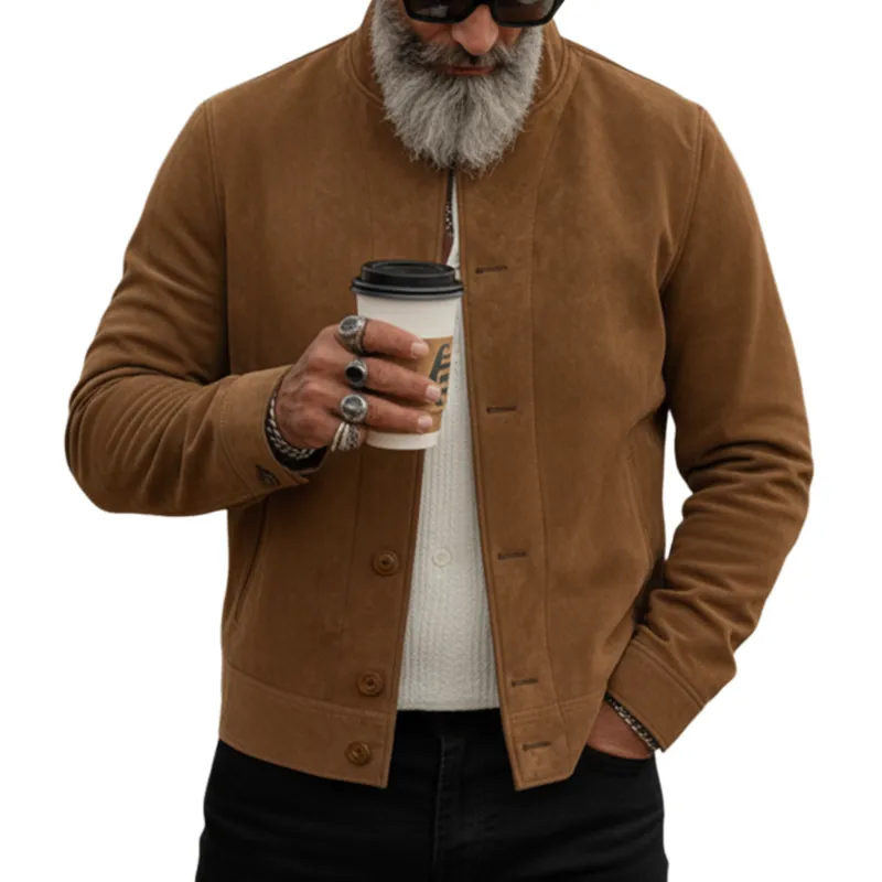 Men's Classic Retro Stand-up Collar Faux Suede Single-breasted Slim-fit Jacket MTA1332K4K sold by Manly