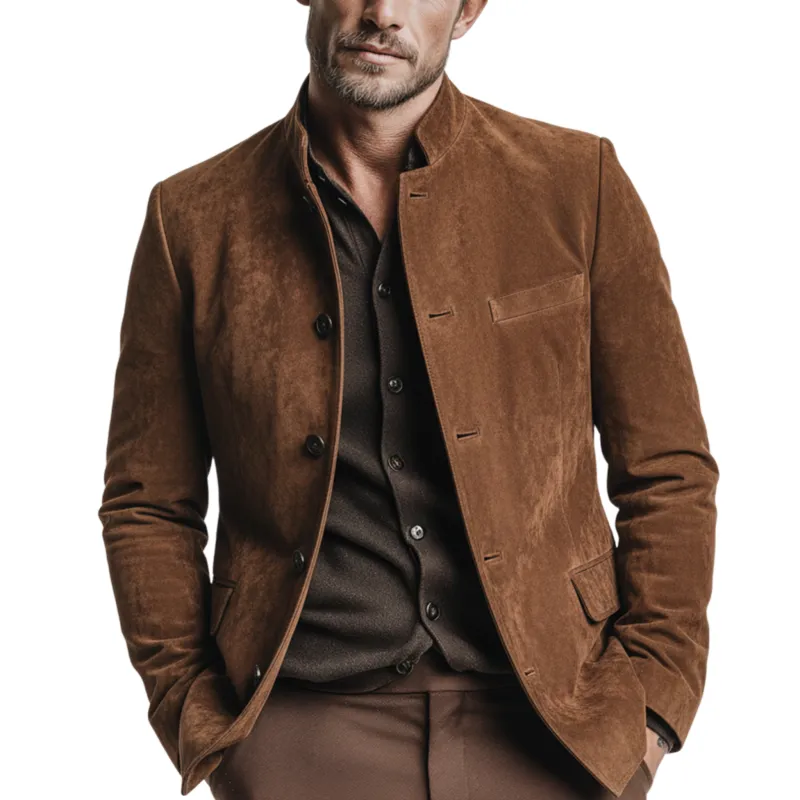 Men's Classic Retro Stand-up Collar Faux Suede Single-breasted Jacket MTA1368K0K sold by Manly