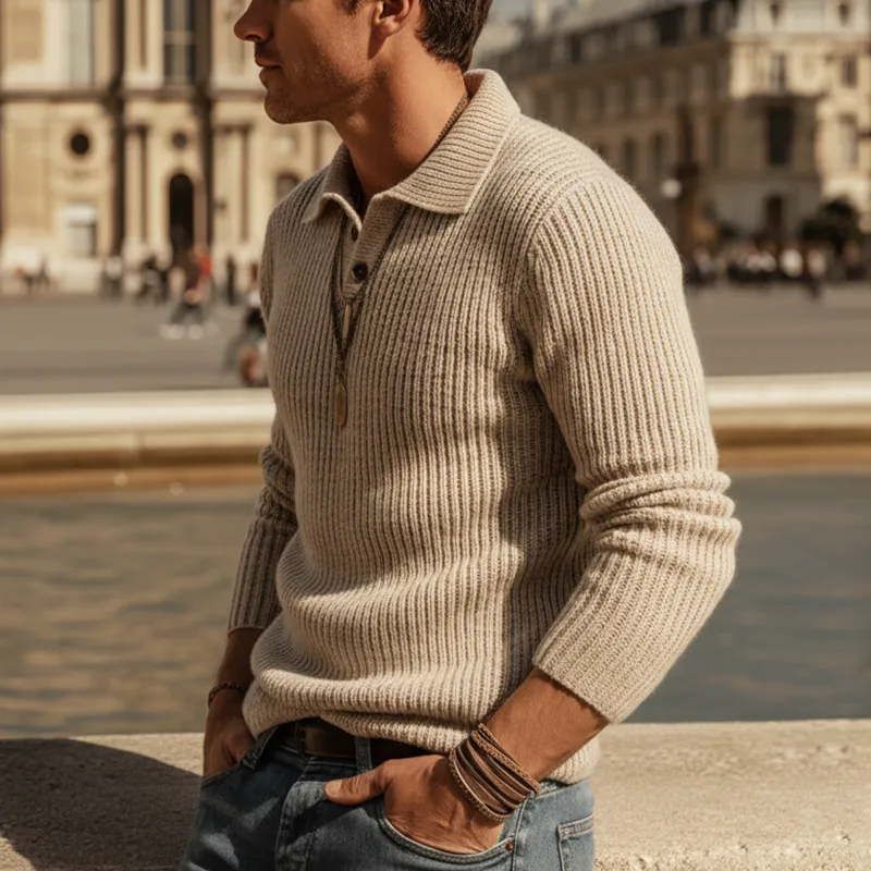 Men's Urban Light Khaki Two-Button Henley Collar Knit Sweater MTA1316K8U sold by Manly product image thumbnail 4