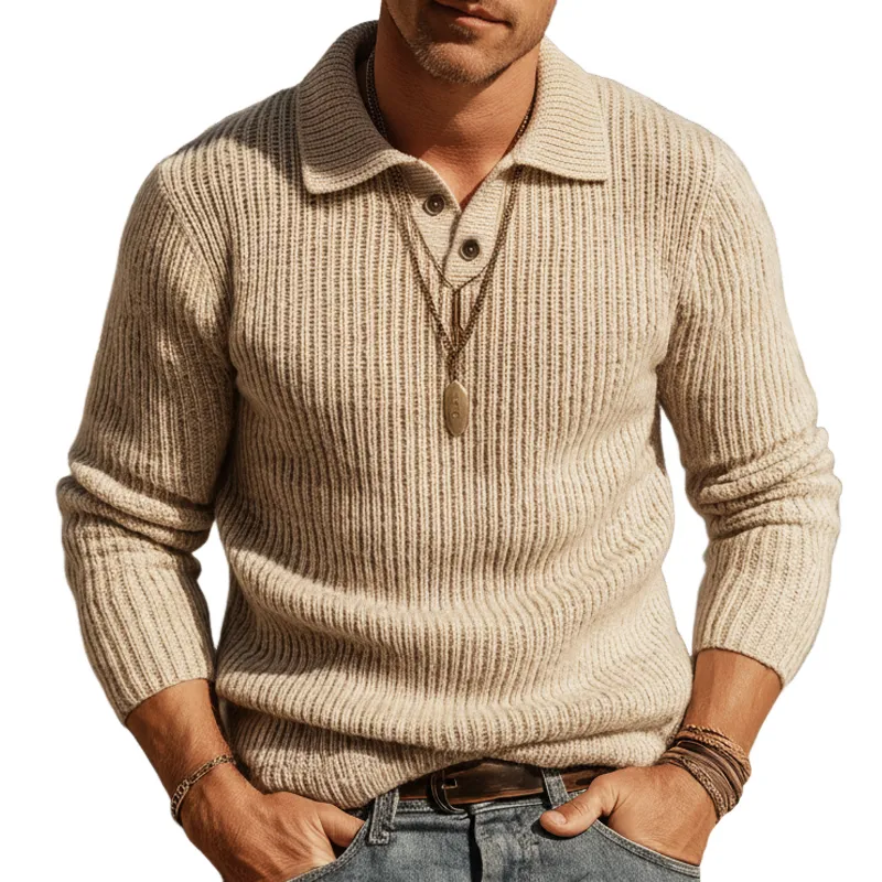 Men's Urban Light Khaki Two-Button Henley Collar Knit Sweater MTA1316K8U sold by Manly