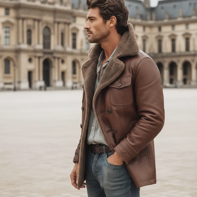 Men's Warm PU Leather And Lamb Wool Lining Double-breasted Short Coat MTA1228K4U sold by Manly product image thumbnail 5