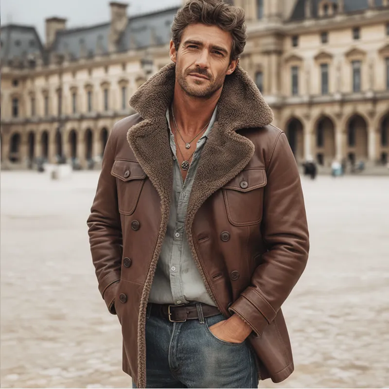 Men's Warm PU Leather And Lamb Wool Lining Double-breasted Short Coat MTA1228K4U sold by Manly product image thumbnail 3