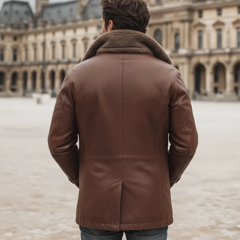 Men's Warm PU Leather And Lamb Wool Lining Double-breasted Short Coat MTA1228K4U sold by Manly product image thumbnail 4