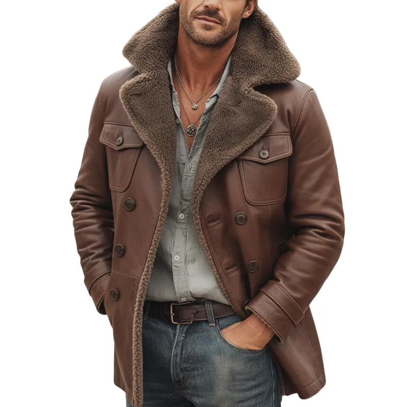 Men's Warm PU Leather And Lamb Wool Lining Double-breasted Short Coat MTA1228K4U sold by Manly