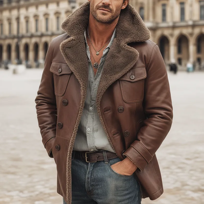 Men's Warm PU Leather And Lamb Wool Lining Double-breasted Short Coat MTA1228K4U sold by Manly product image thumbnail 2