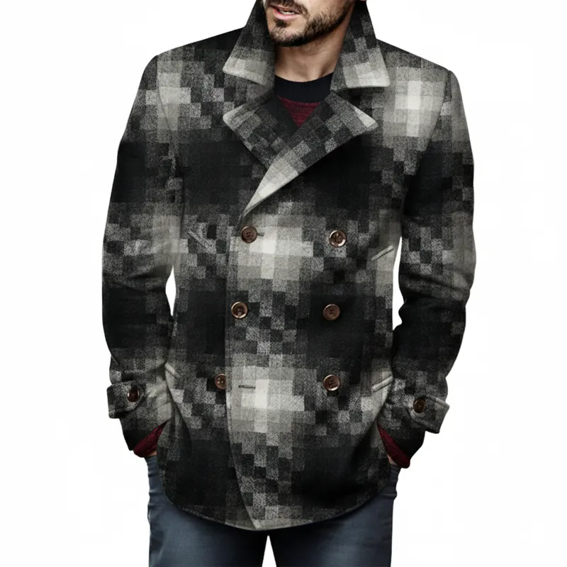 Men's Classic Gradient Plaid Faux Wool Double-Breasted Jacket MTA0860K7U sold by Manly