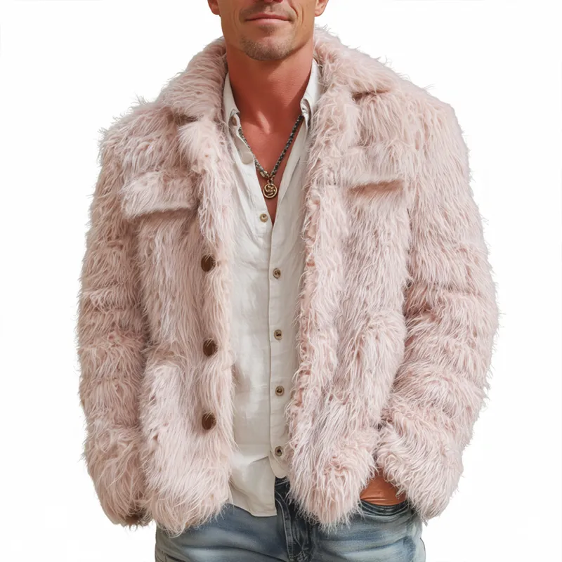 Men's Urban Fashion Light Pink Faux Fur Button Jacket MTA1788J7U sold by Manly