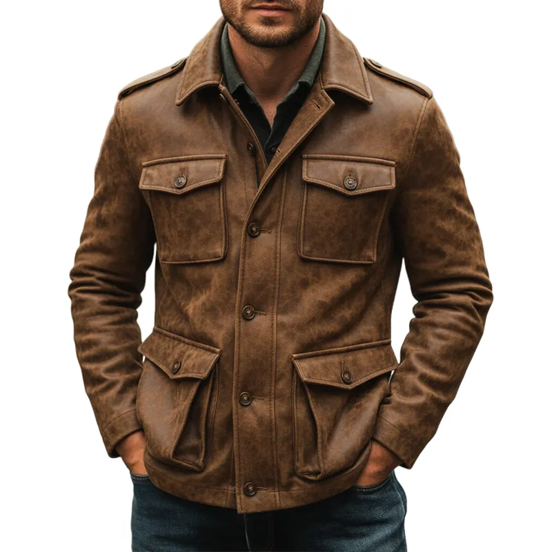 Men's Vintage Distressed PU Leather Button Jacket MTA1227K4U sold by Manly