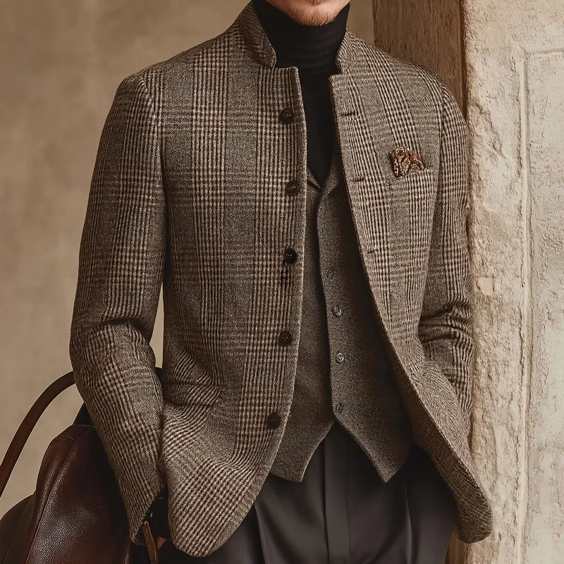 Men's Retro Casual Tweed Plaid Stand Collar Jacket MTA1165K3TO sold by Manly product image thumbnail 2