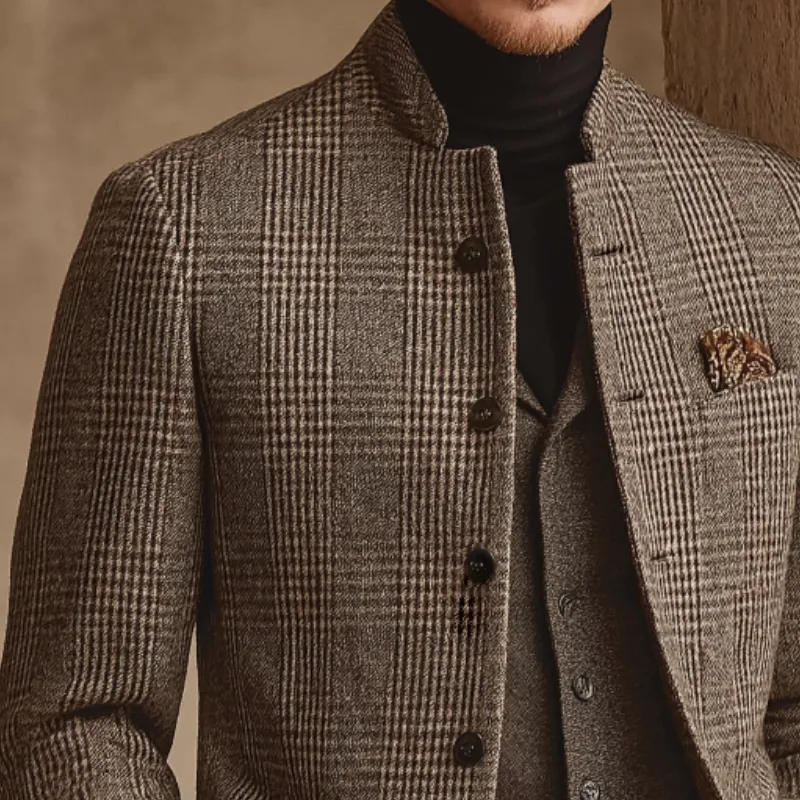 Men's Retro Casual Tweed Plaid Stand Collar Jacket MTA1165K3TO sold by Manly product image thumbnail 3