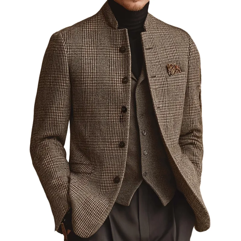 Men's Retro Casual Tweed Plaid Stand Collar Jacket  MTA1165K3TO sold by Manly