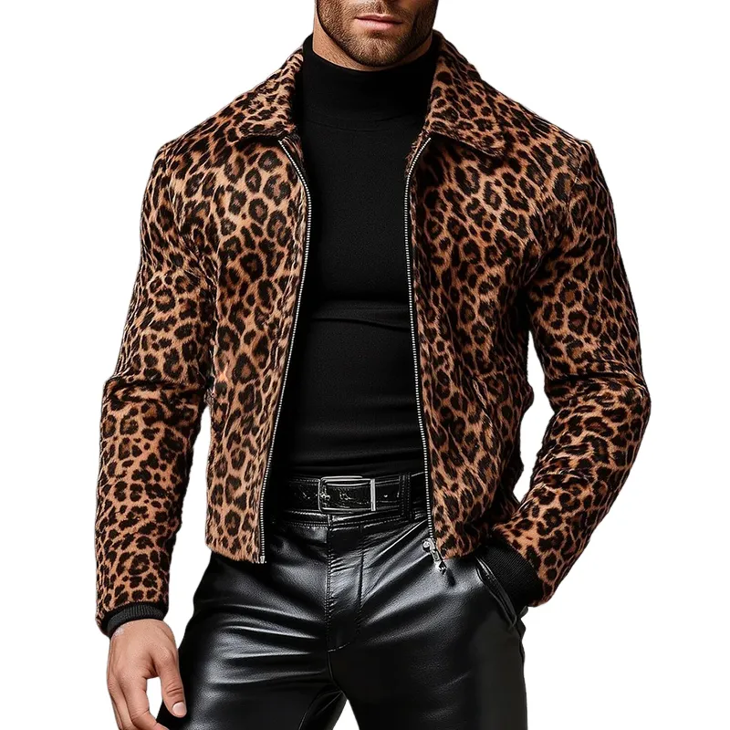 Men's Retro Casual Faux Suede Leopard Print Lapel Zip-Up Jacket MTA1173K6TO sold by Manly