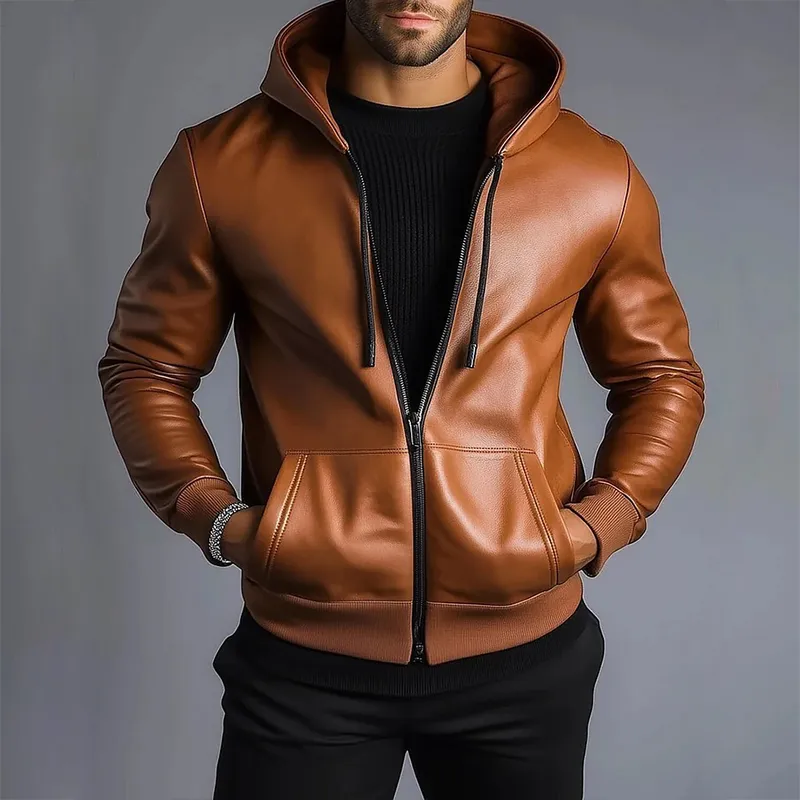 Men's Retro Casual PU Hooded Zip-Up Jacket MTA1190K4TO sold by Manly product image thumbnail 2