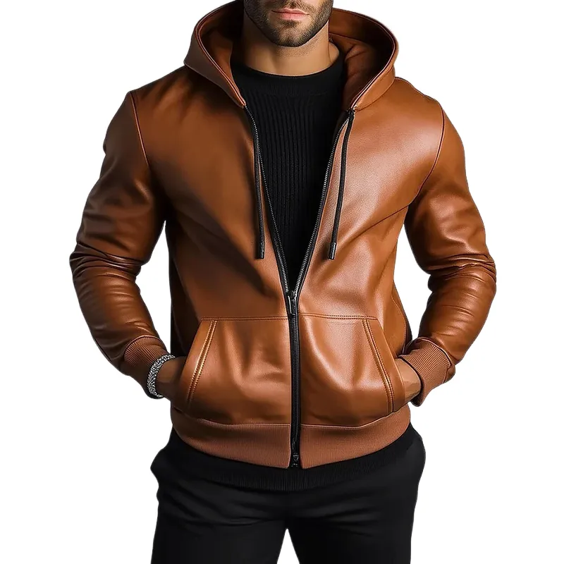 Men's Retro Casual PU Hooded Zip-Up Jacket MTA1190K4TO sold by Manly