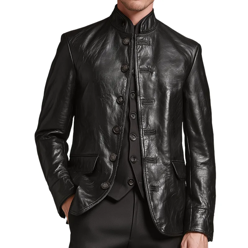 Men's Retro Casual Solid Color PU Stand Collar Leather Jacket MTA1158K8TO sold by Manly