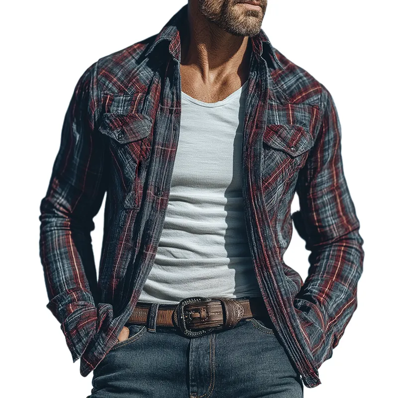 Men's Retro Casual Plaid Print Lapel Long-Sleeve Shirt MTA1176K3TO sold by Manly