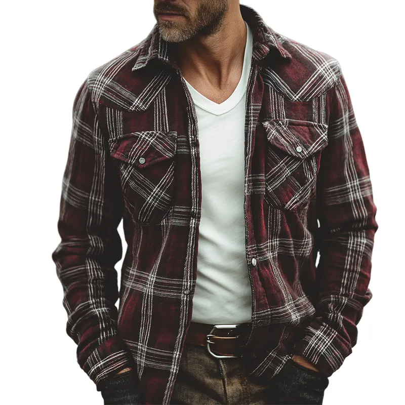 Men's Retro Casual Plaid Print Lapel Long-Sleeve Shirt Jacket MTA1189K6TO sold by Manly
