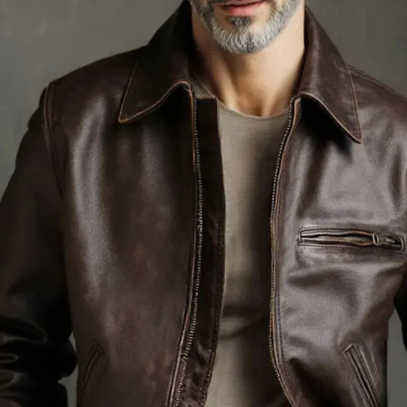 Men's Retro Casual Distressed PU Lapel Zip-Up Jacket MTA1277K5TO sold by Manly product image thumbnail 3