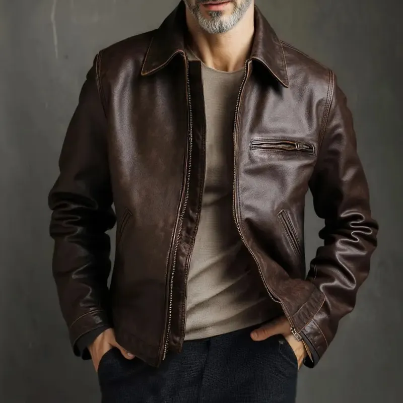 Men's Retro Casual Distressed PU Lapel Zip-Up Jacket MTA1277K5TO sold by Manly product image thumbnail 2