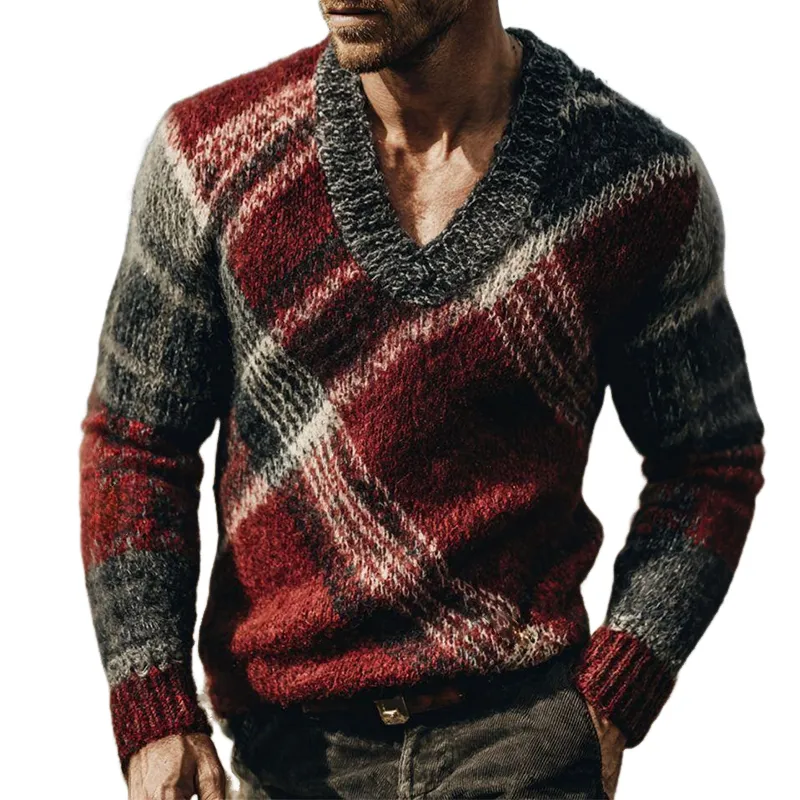 Men's Retro Casual Plaid Knit V-Neck Sweater MTA1273K6TO sold by Manly