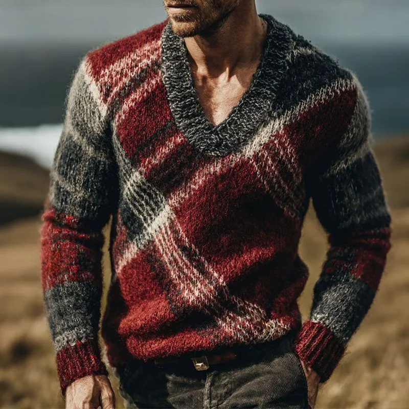 Men's Retro Casual Plaid Knit V-Neck Sweater MTA1273K6TO sold by Manly product image thumbnail 2