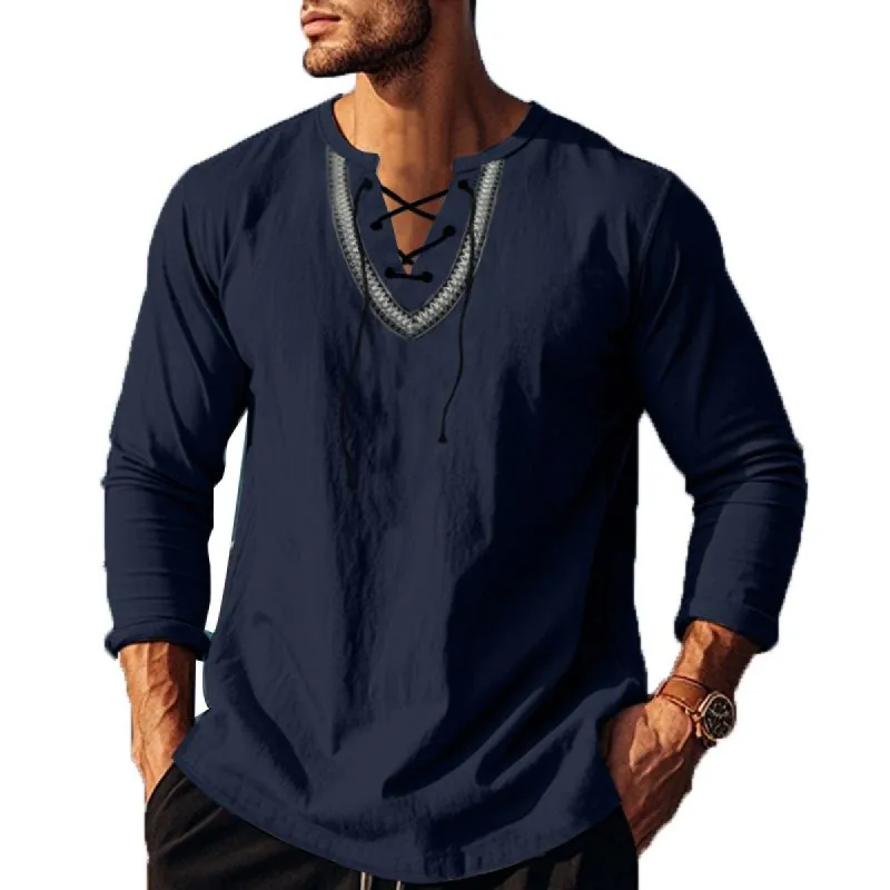 Men's Ethnic Loose Lace-up Collar Long Sleeve Cotton And Linen Shirt 03581048Z sold by Manly