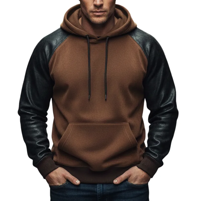 Men's Urban Cotton Blend  And PU Leather Sleeves Hoodie MTA1724K7U sold by Manly