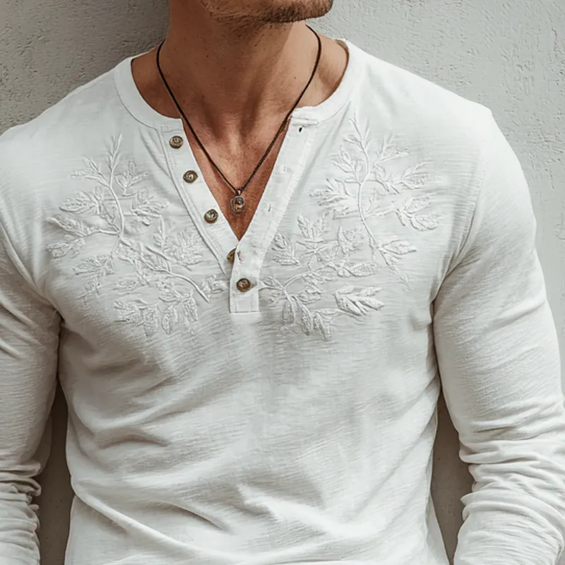 Men's Solid Color Embroidered Leaf Cotton Linen Blend Henley Collar Long Sleeve T-Shirt MTA1737K0X sold by Manly product image thumbnail 2