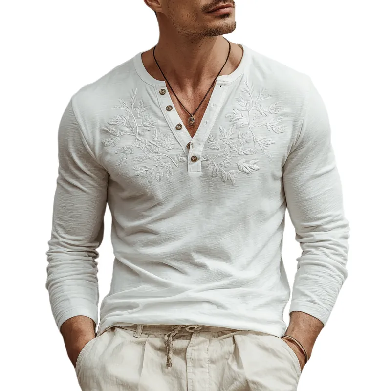 Men's Solid Color Embroidered Leaf Cotton Linen Blend Henley Collar Long Sleeve T-Shirt MTA1737K0X sold by Manly