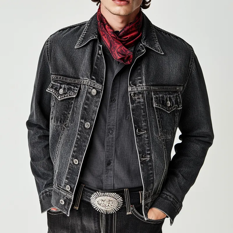 Men's Retro Western Cowboy Style Lapel Washed Denim Jacket MTA1575K3X sold by Manly product image thumbnail 2
