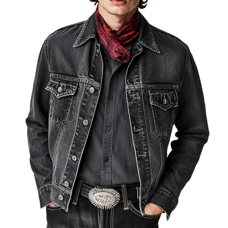 Men's Retro Western Cowboy Style Lapel Washed Denim Jacket MTA1575K3X sold by Manly