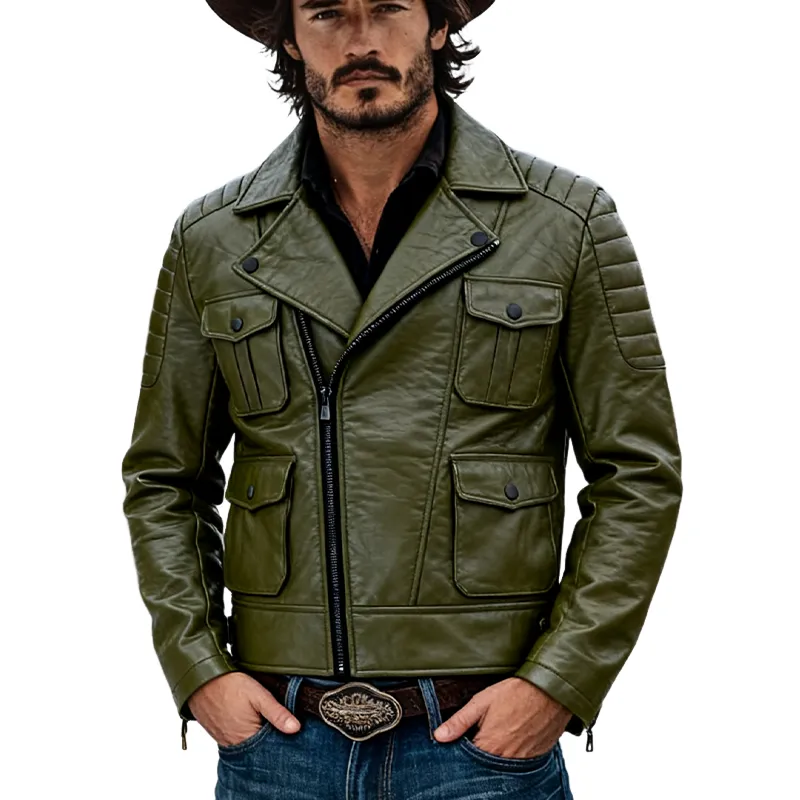 Men's Solid Color Multi-pocket Zipper Motorcycle Style PU Jacket MTA1714K4X sold by Manly