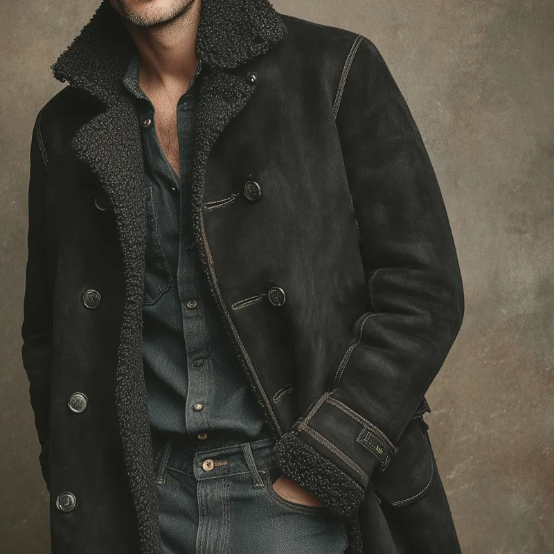 Men's Solid Color Faux Suede Patchwork Lapel Long Coat MTA1749K9X sold by Manly product image thumbnail 3