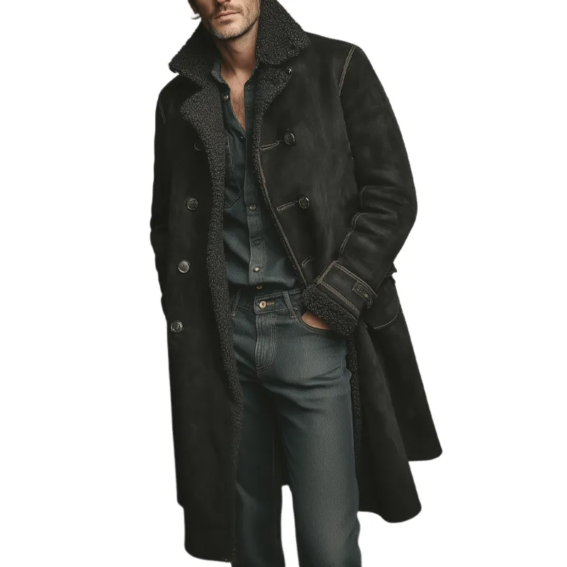 Men's Solid Color Faux Suede Patchwork Lapel Long Coat MTA1749K9X sold by Manly