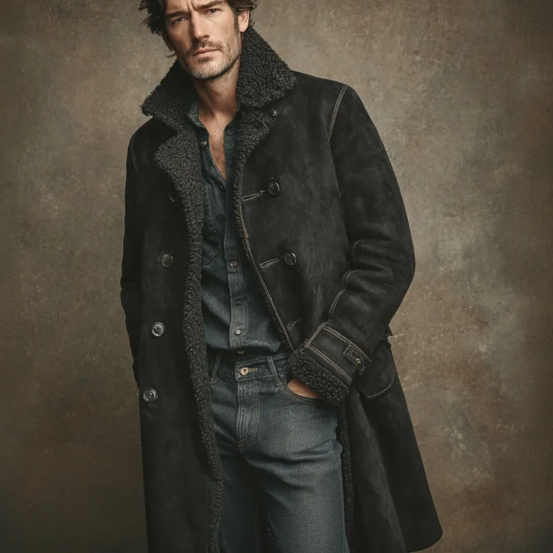 Men's Solid Color Faux Suede Patchwork Lapel Long Coat MTA1749K9X sold by Manly product image thumbnail 2