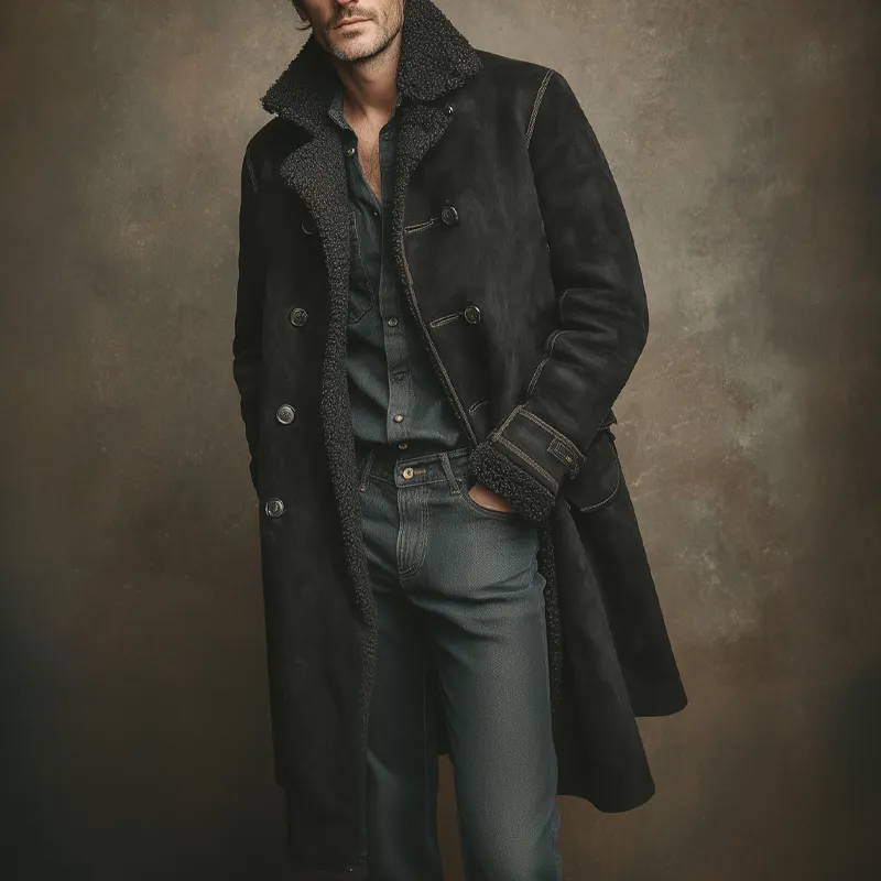 Men's Solid Color Faux Suede Patchwork Lapel Long Coat MTA1749K9X sold by Manly product image thumbnail 5