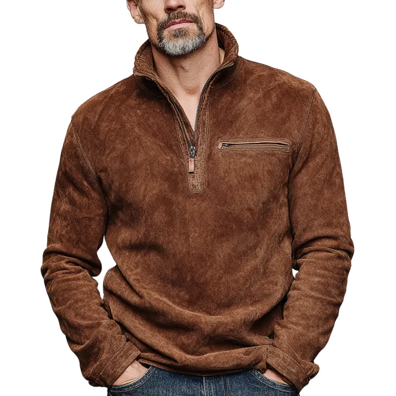 Men's Retro Zipper Stand Collar Faux Suede Long-Sleeve Polo Shirt MTA1776K4X sold by Manly