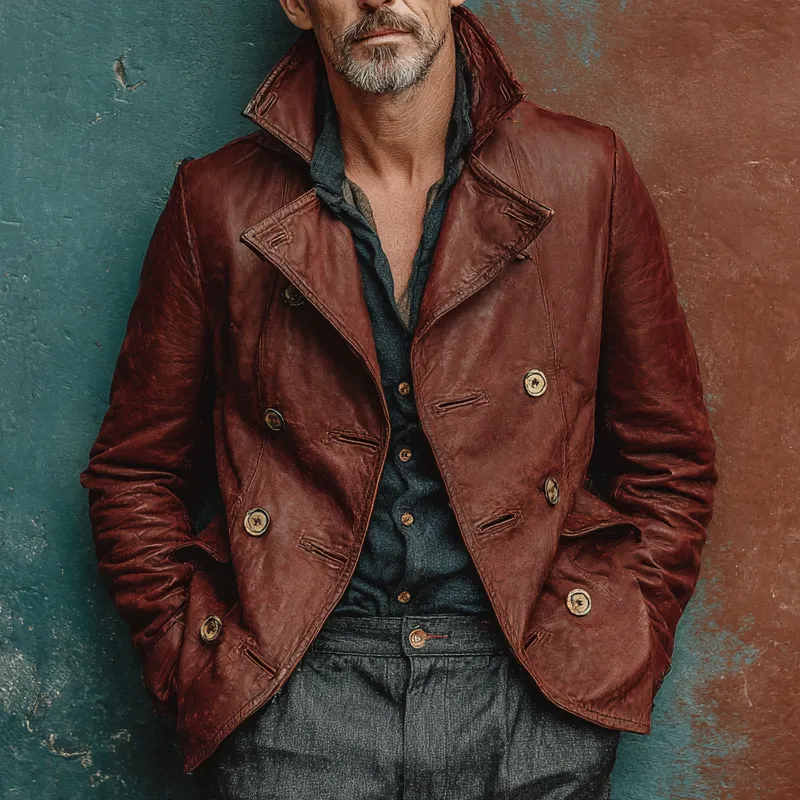 Men's Retro Solid Color Multi-Button Lapel PU Jacket MTA1712K3X sold by Manly product image thumbnail 2