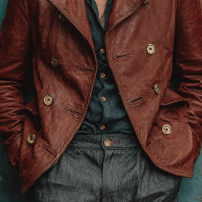 Men's Retro Solid Color Multi-Button Lapel PU Jacket MTA1712K3X sold by Manly product image thumbnail 3