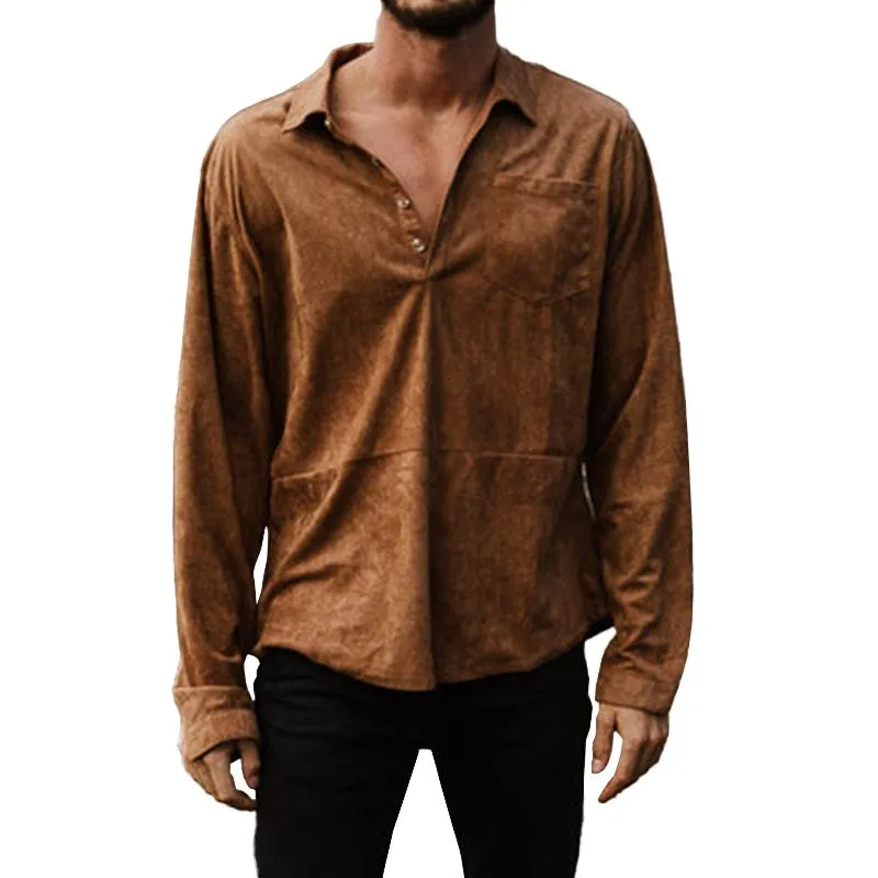 Men's Vintage Thin Suede Lapel Pullover Long Sleeve Shirt 16591973M sold by Manly