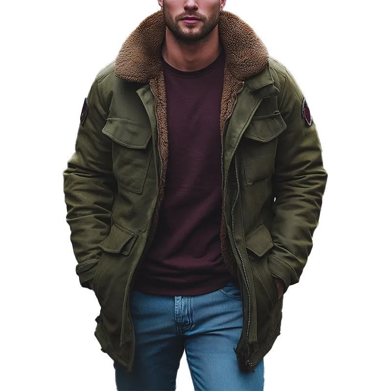 Men's Winter Retro Twill Cotton Fur Lined Mid-Length Jacket MTA1543K6P sold by Manly